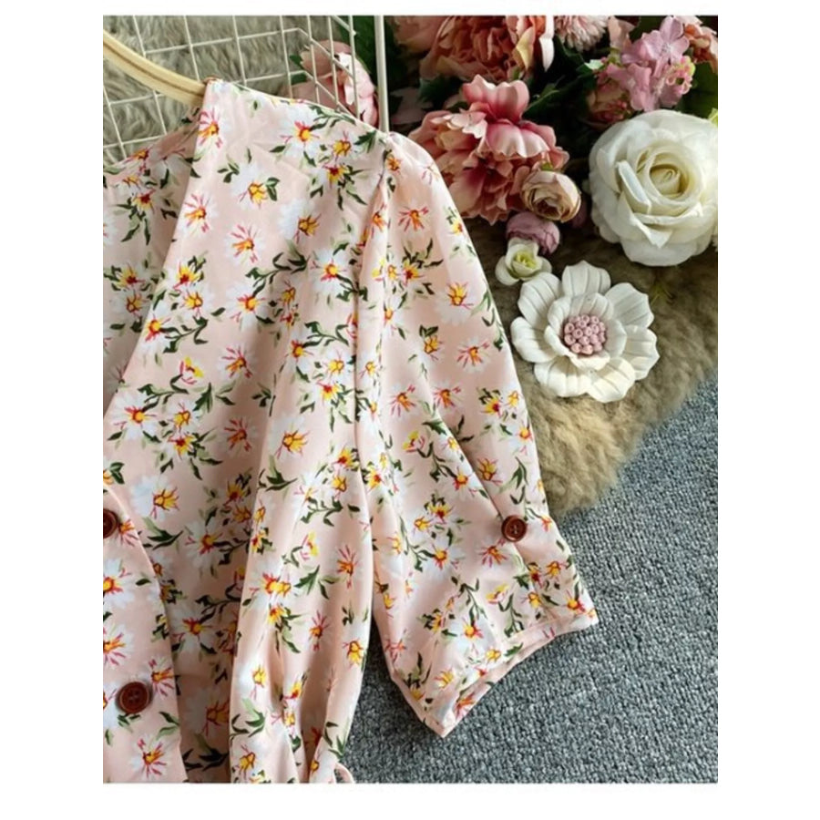 Floral Print V-Neck Midi Dress Apparel and Accessories