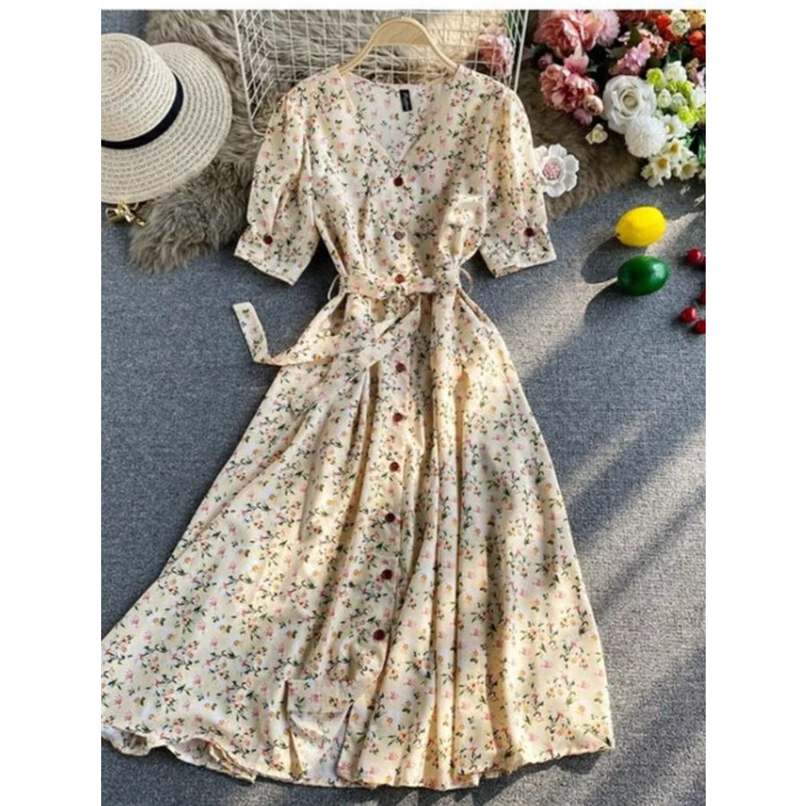 Floral Print V-Neck Midi Dress Apparel and Accessories