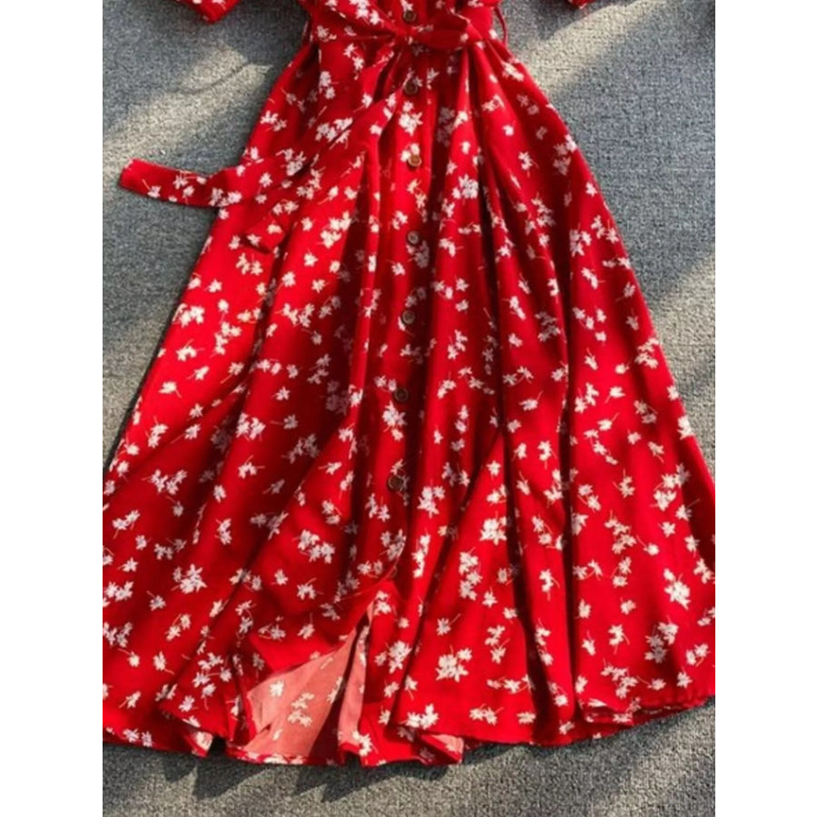 Floral Print V-Neck Midi Dress Apparel and Accessories