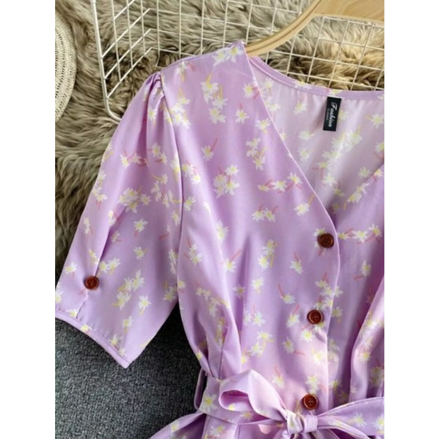 Floral Print V-Neck Midi Dress Apparel and Accessories