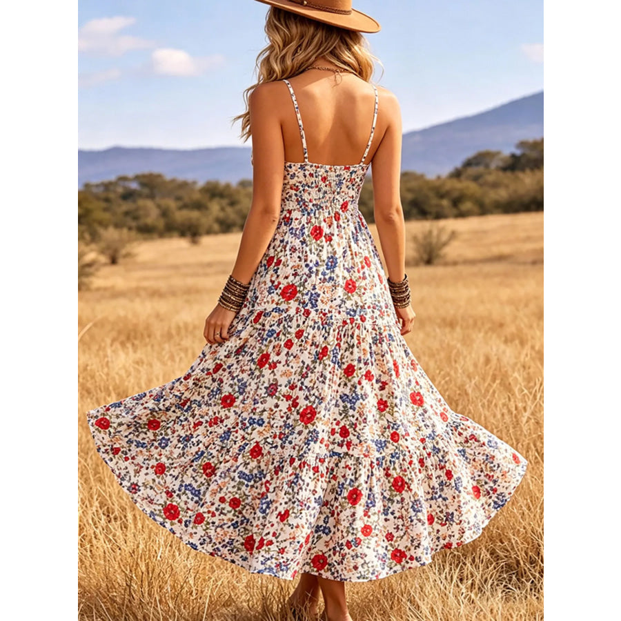 Floral Print V-Neck Midi Dress Apparel and Accessories