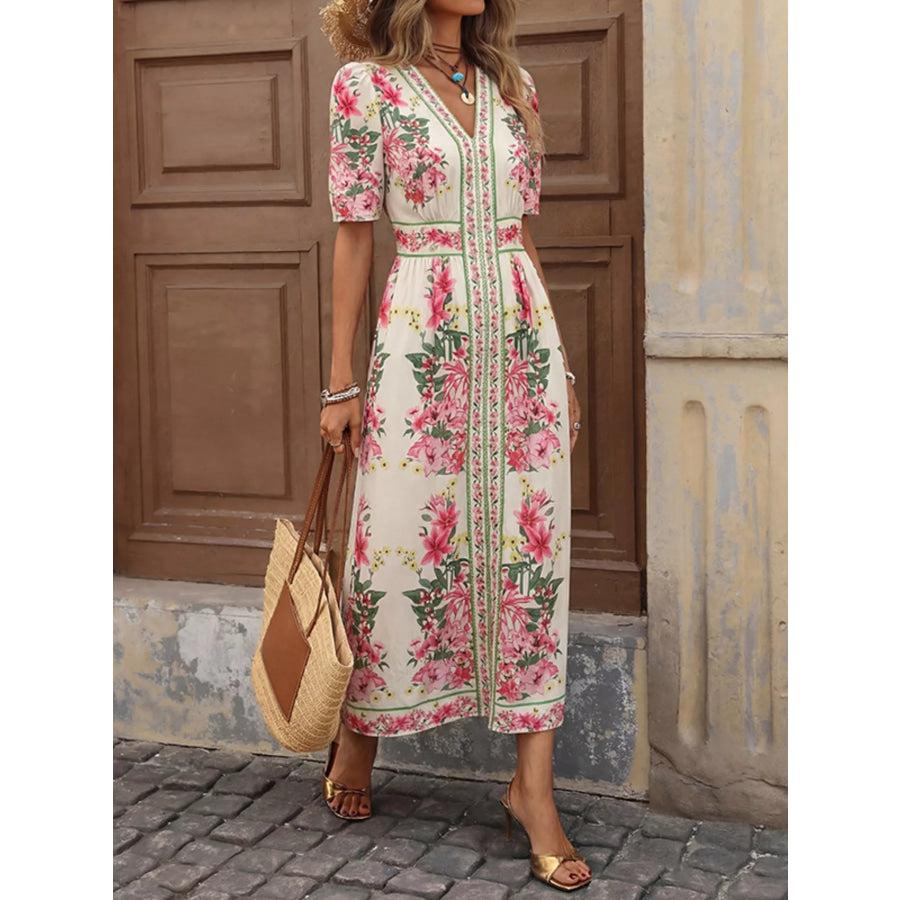 Floral Print V-Neck Midi Dress Apparel and Accessories