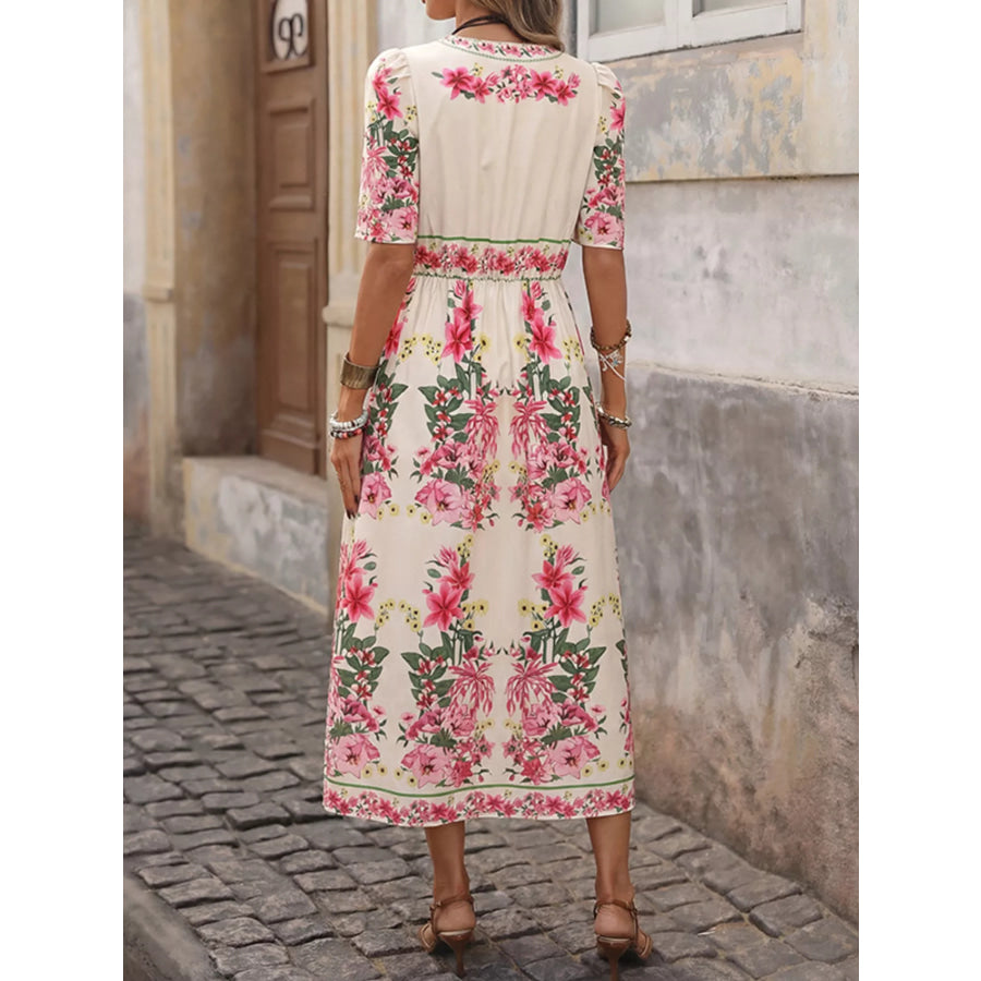 Floral Print V-Neck Midi Dress Apparel and Accessories