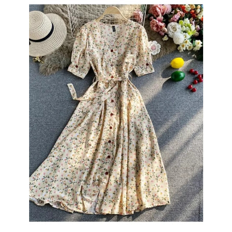 Floral Print V-Neck Midi Dress Apricot / One Size Apparel and Accessories