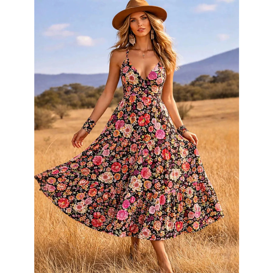Floral Print V-Neck Midi Dress Black / S Apparel and Accessories