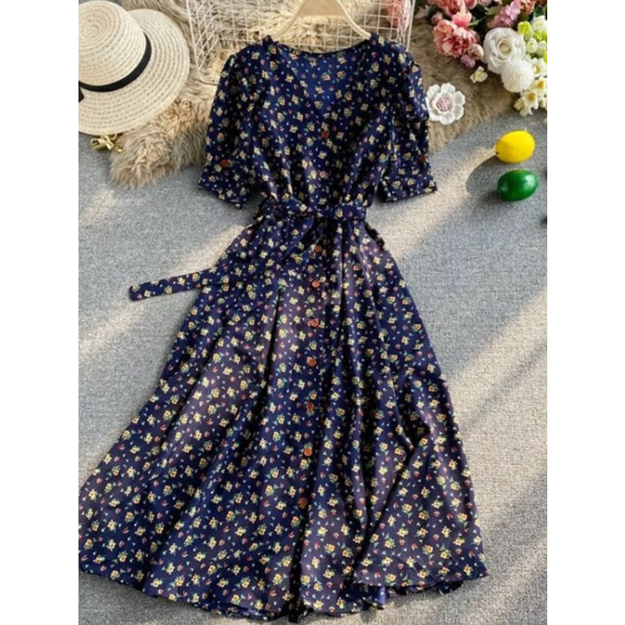 Floral Print V-Neck Midi Dress Dark Blue / One Size Apparel and Accessories