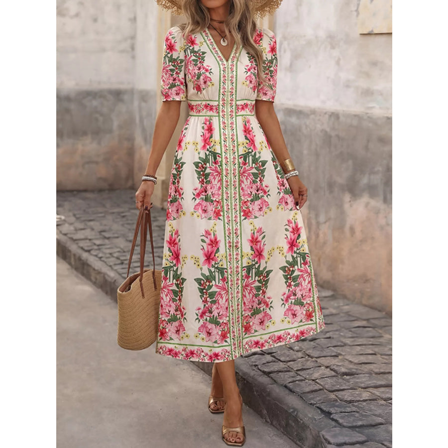 Floral Print V-Neck Midi Dress Fuchsia Pink / M Apparel and Accessories