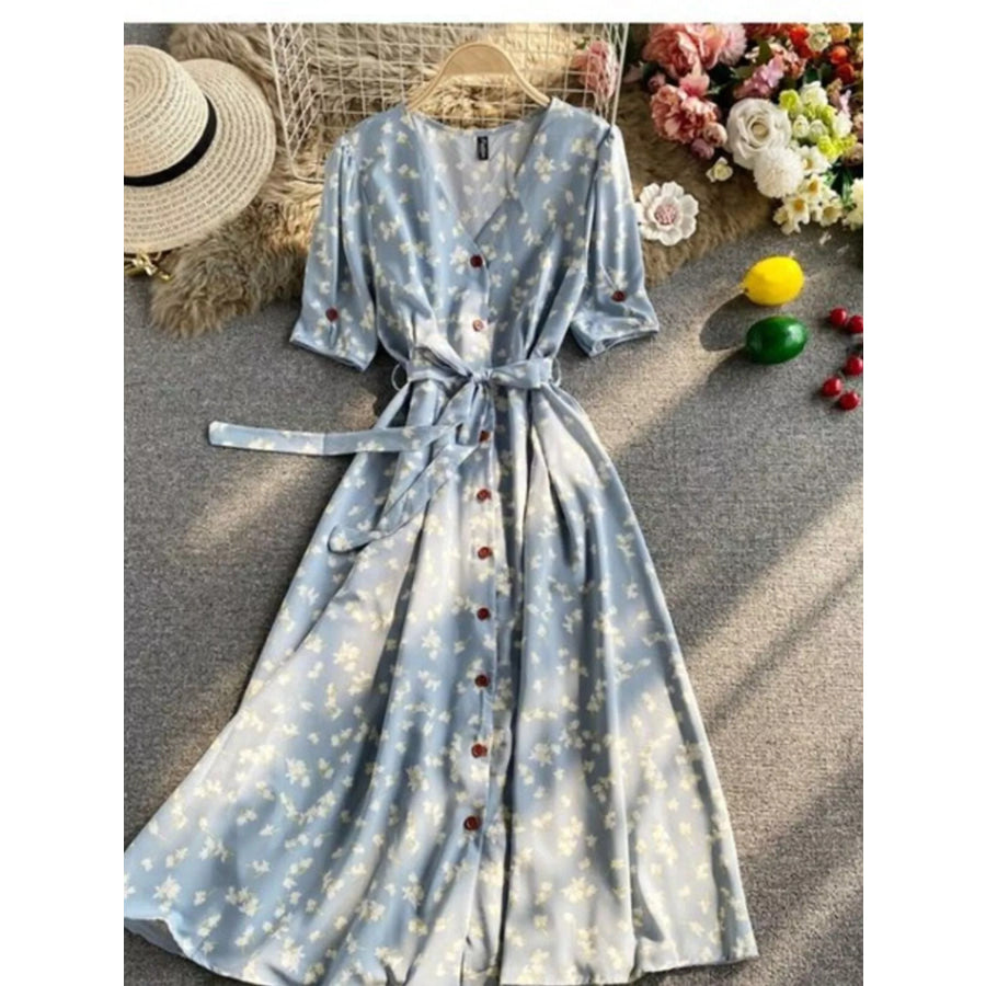 Floral Print V-Neck Midi Dress Light Blue / One Size Apparel and Accessories