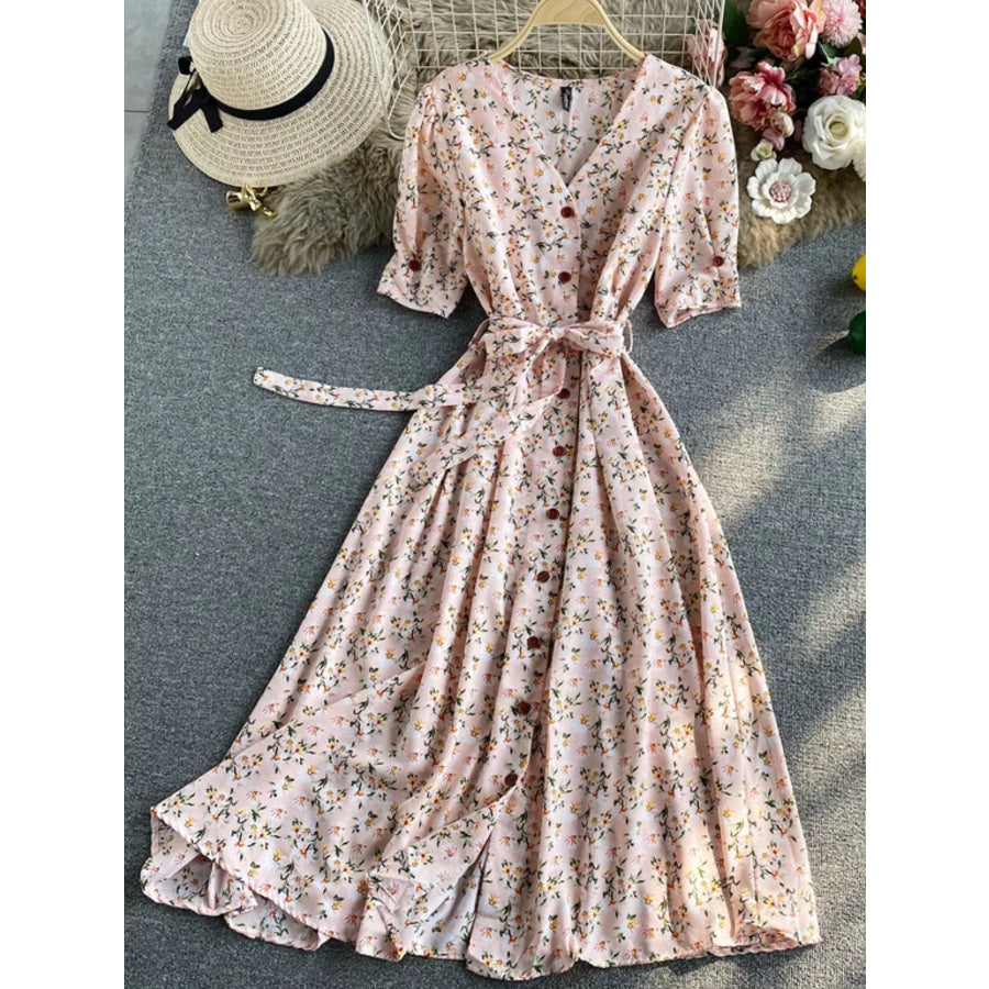 Floral Print V-Neck Midi Dress Pink / One Size Apparel and Accessories