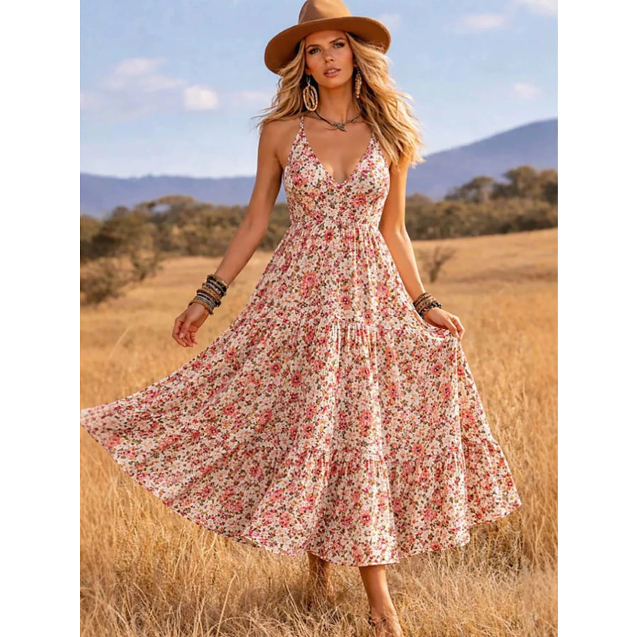 Floral Print V-Neck Midi Dress Pink / S Apparel and Accessories