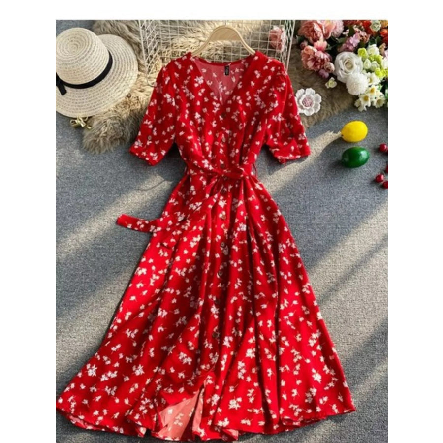 Floral Print V-Neck Midi Dress Red / One Size Apparel and Accessories