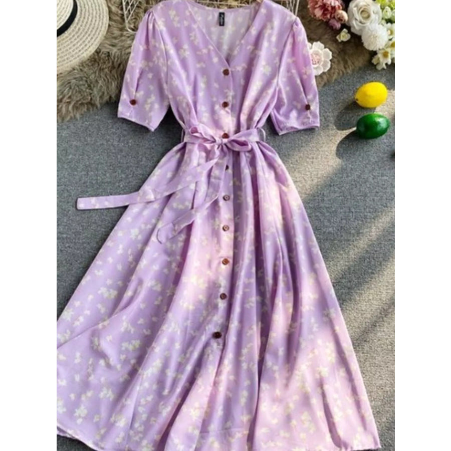Floral Print V-Neck Midi Dress Violet / One Size Apparel and Accessories