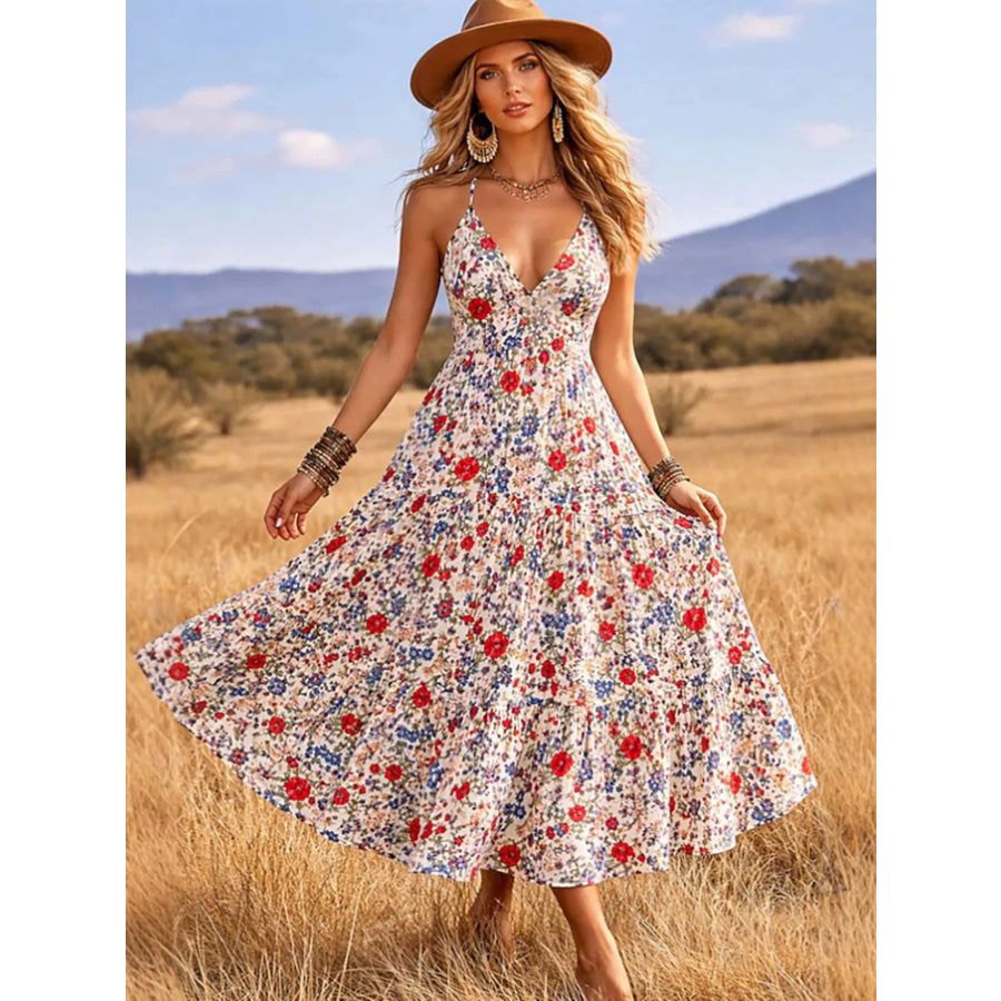 Floral Print V-Neck Midi Dress White / S Apparel and Accessories