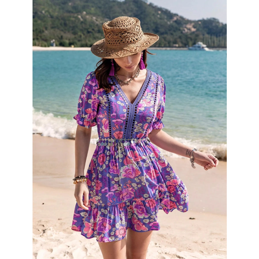Floral Print V-Neck Mini Dress Apparel and Accessories