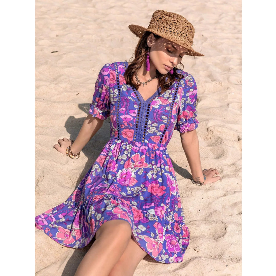 Floral Print V-Neck Mini Dress Apparel and Accessories