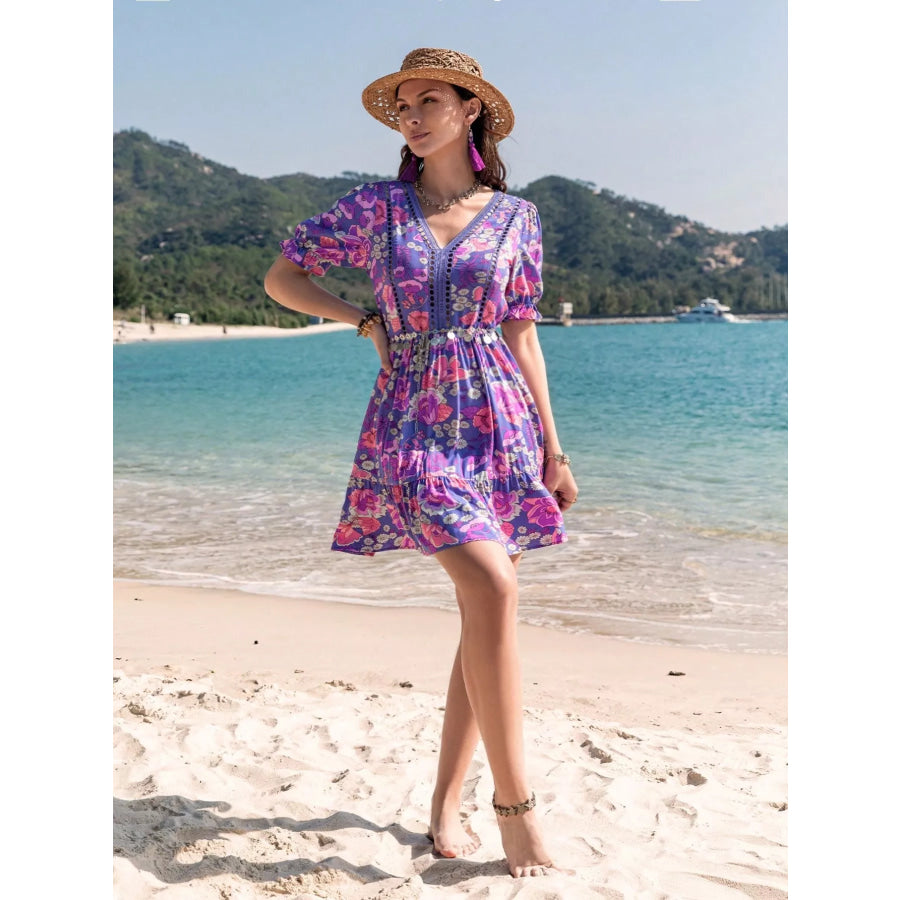 Floral Print V-Neck Mini Dress Apparel and Accessories
