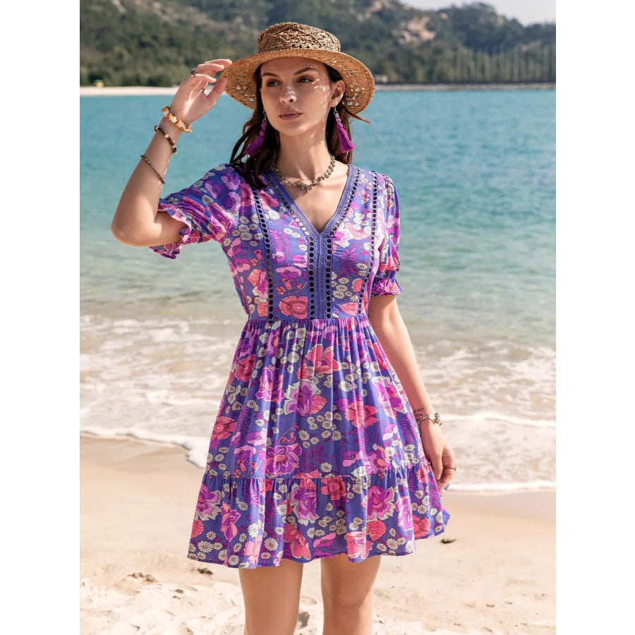 Floral Print V-Neck Mini Dress Vivid Violet / S Apparel and Accessories