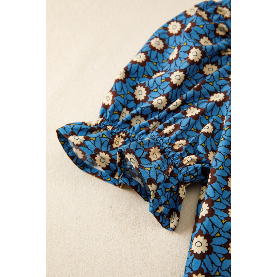 Floral Print V Neck Pleated Detail Short Puff Sleeve Blouse Apparel and Accessories