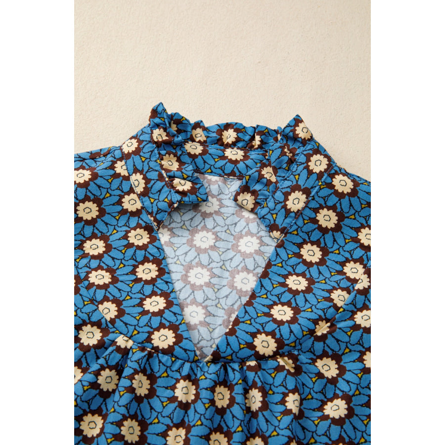 Floral Print V Neck Pleated Detail Short Puff Sleeve Blouse Apparel and Accessories