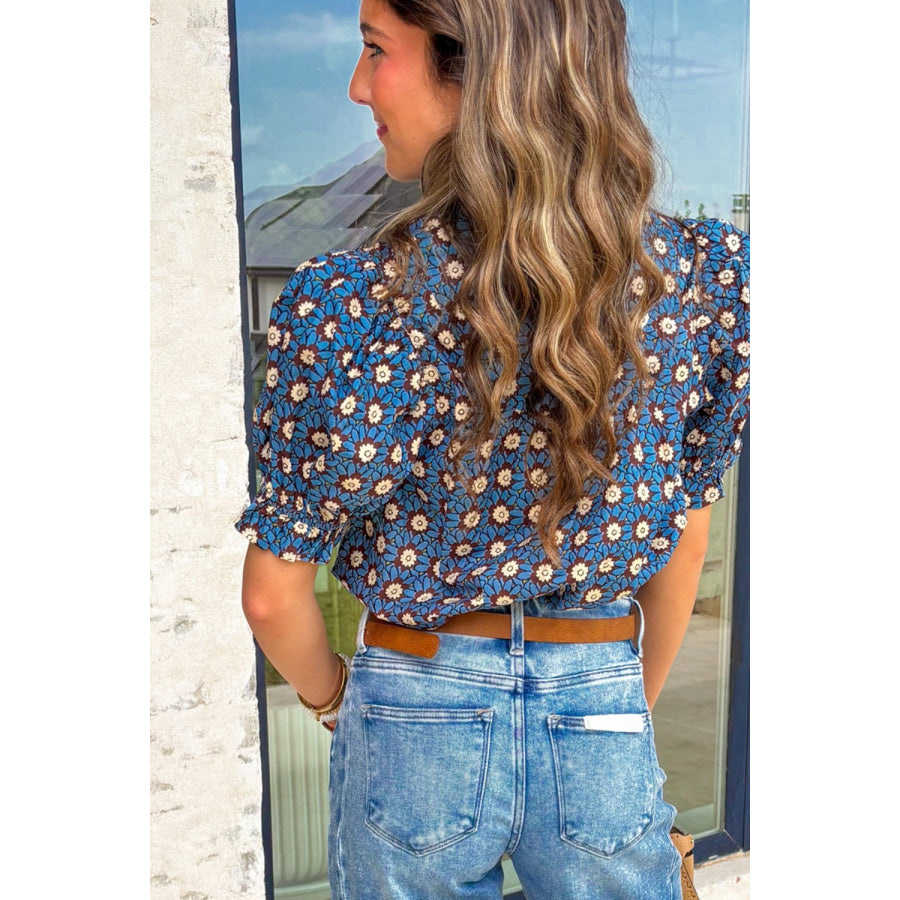 Floral Print V Neck Pleated Detail Short Puff Sleeve Blouse Apparel and Accessories