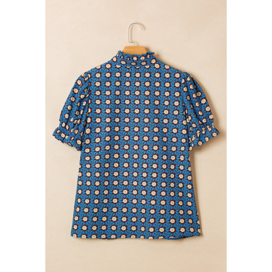 Floral Print V Neck Pleated Detail Short Puff Sleeve Blouse Apparel and Accessories