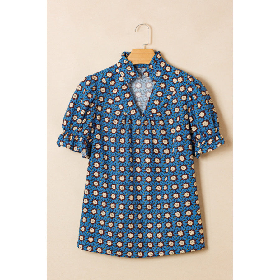 Floral Print V Neck Pleated Detail Short Puff Sleeve Blouse Apparel and Accessories