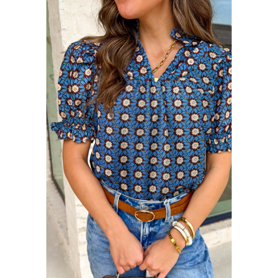 Floral Print V Neck Pleated Detail Short Puff Sleeve Blouse Dusty Blue / S Apparel and Accessories
