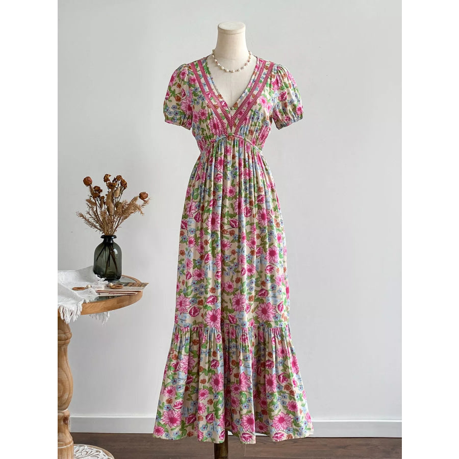 Floral Print V-Neck Puff Sleeve Dress Apparel and Accessories