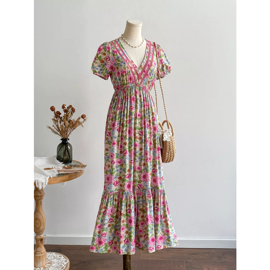 Floral Print V-Neck Puff Sleeve Dress Apparel and Accessories