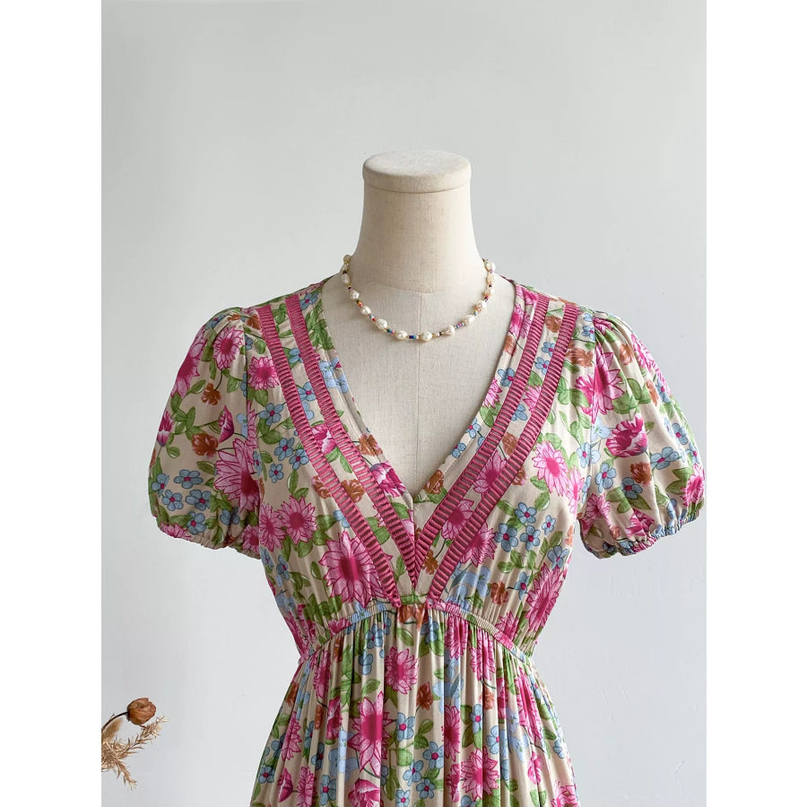 Floral Print V-Neck Puff Sleeve Dress Apparel and Accessories