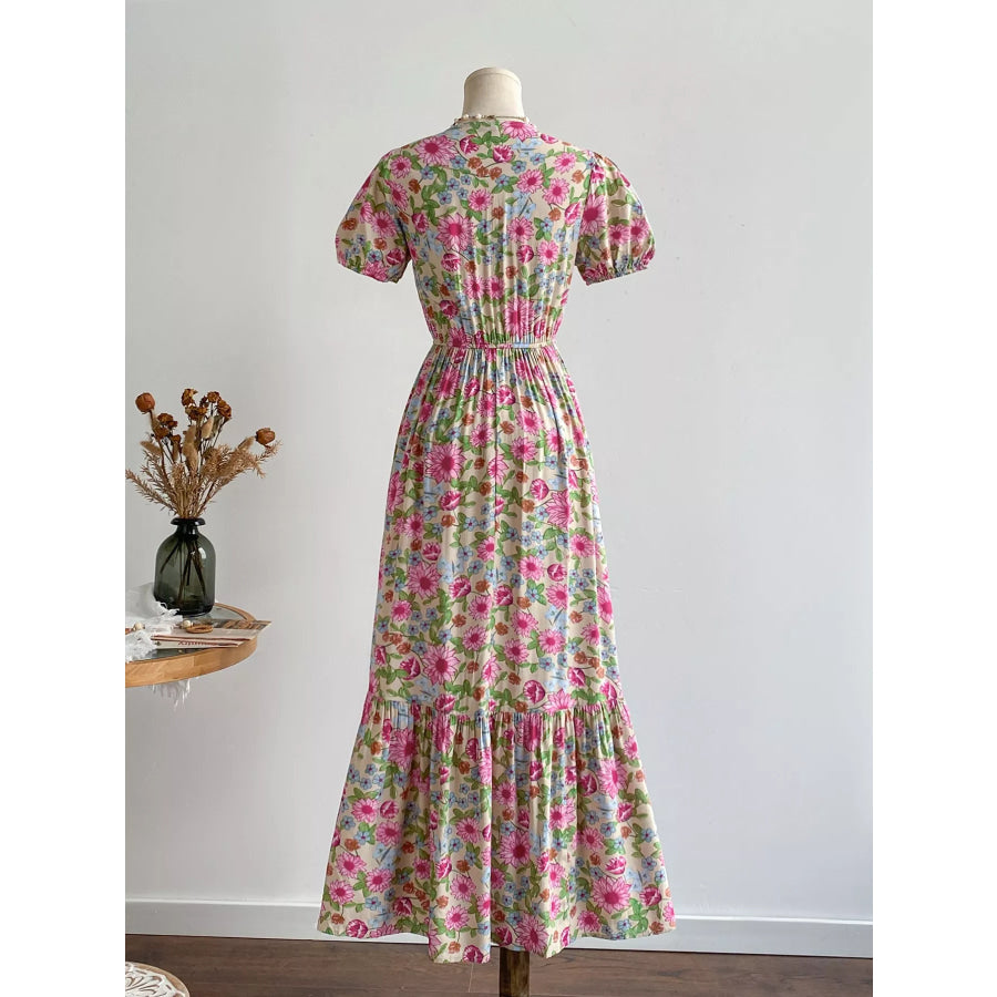 Floral Print V-Neck Puff Sleeve Dress Apparel and Accessories