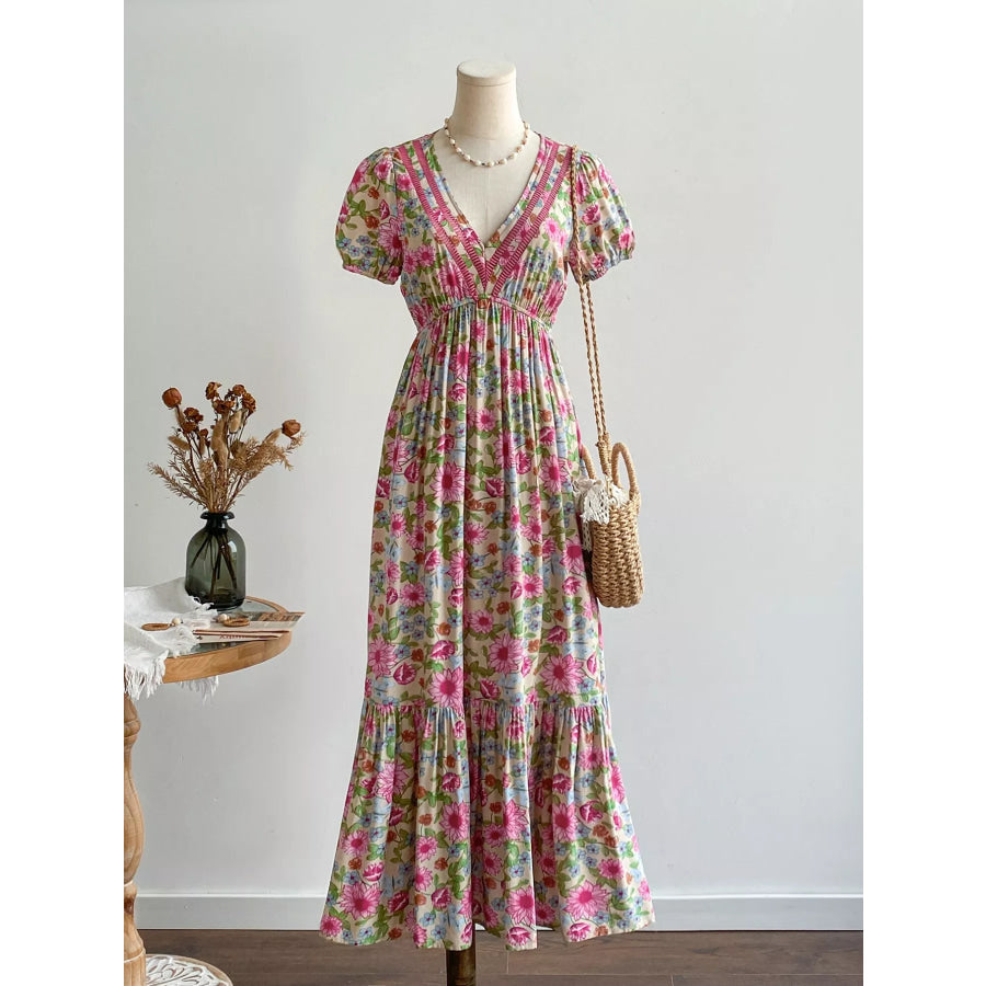 Floral Print V-Neck Puff Sleeve Dress Pink / S Apparel and Accessories
