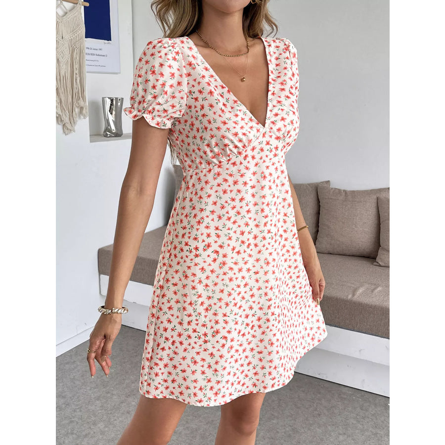 Floral Print V-Neck Puff Sleeve Mini Dress Apparel and Accessories