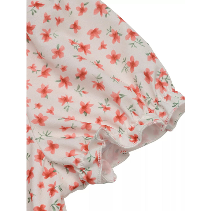 Floral Print V-Neck Puff Sleeve Mini Dress Apparel and Accessories