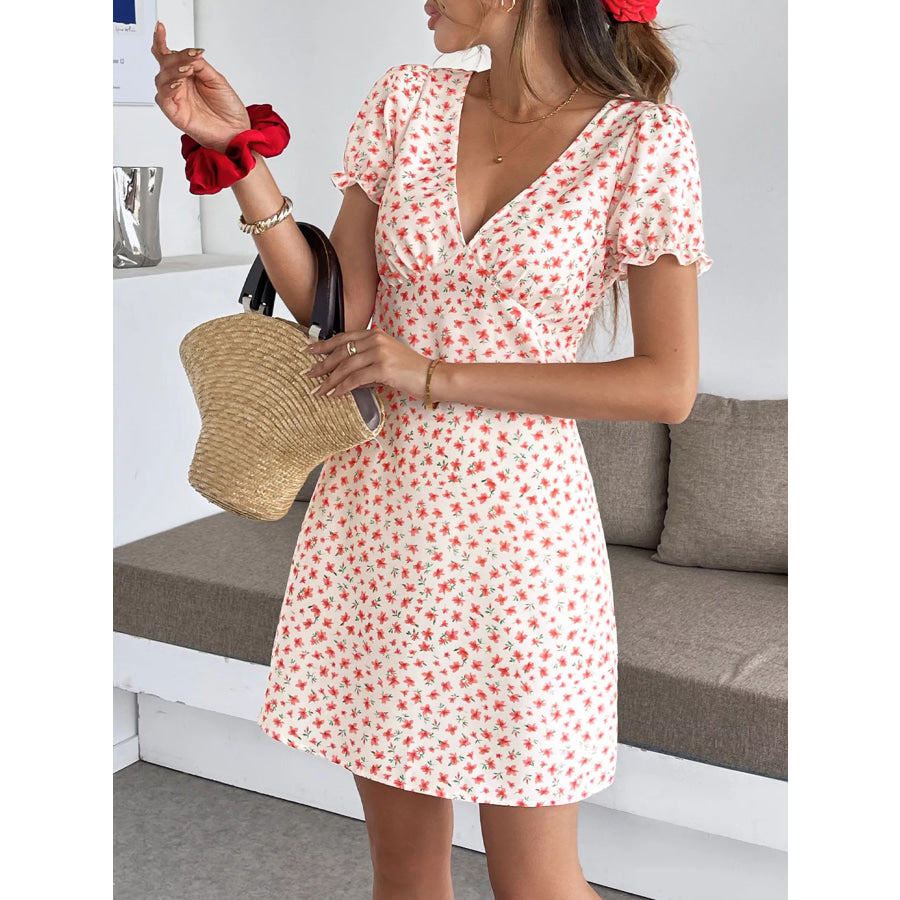 Floral Print V-Neck Puff Sleeve Mini Dress Apparel and Accessories
