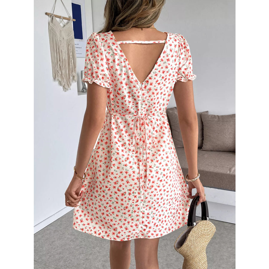 Floral Print V-Neck Puff Sleeve Mini Dress Apparel and Accessories