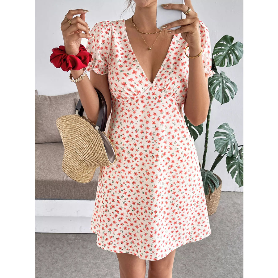 Floral Print V-Neck Puff Sleeve Mini Dress Red / S Apparel and Accessories