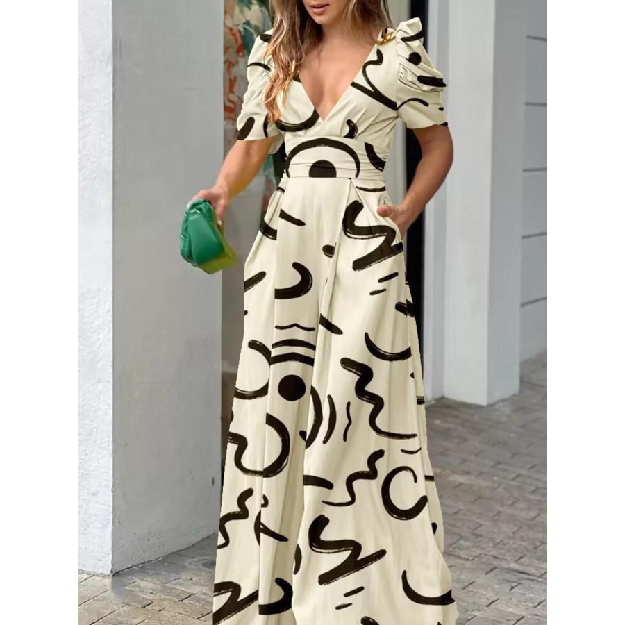 Floral Print V-Neck Puff Sleeve Wide-Leg Jumpsuit Cream / S Apparel and Accessories