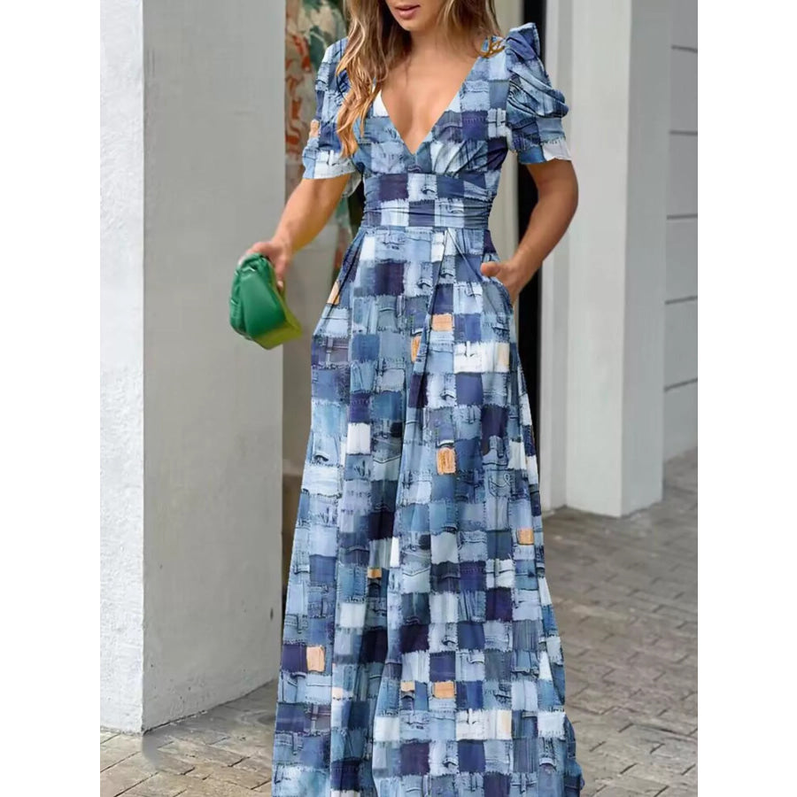 Floral Print V-Neck Puff Sleeve Wide-Leg Jumpsuit Dusty Blue / S Apparel and Accessories