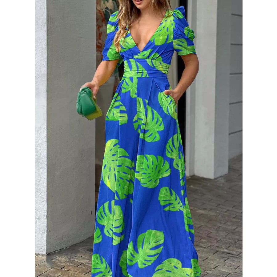 Floral Print V-Neck Puff Sleeve Wide-Leg Jumpsuit Royal Blue / S Apparel and Accessories