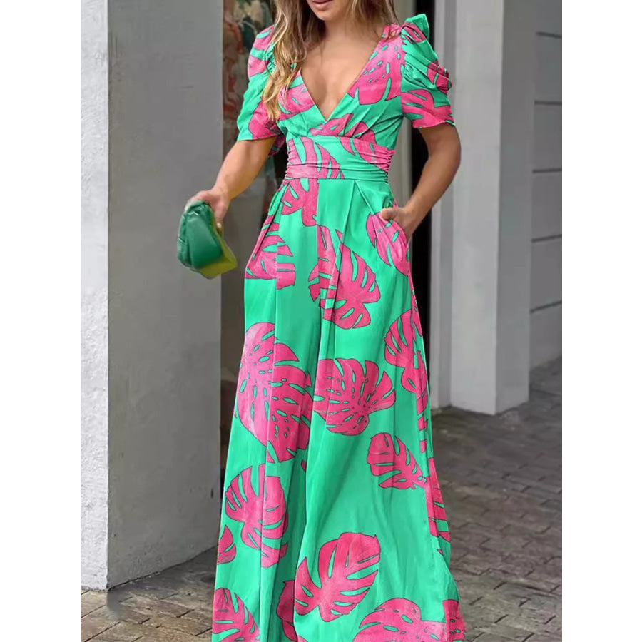 Floral Print V-Neck Puff Sleeve Wide-Leg Jumpsuit Turquoise / S Apparel and Accessories