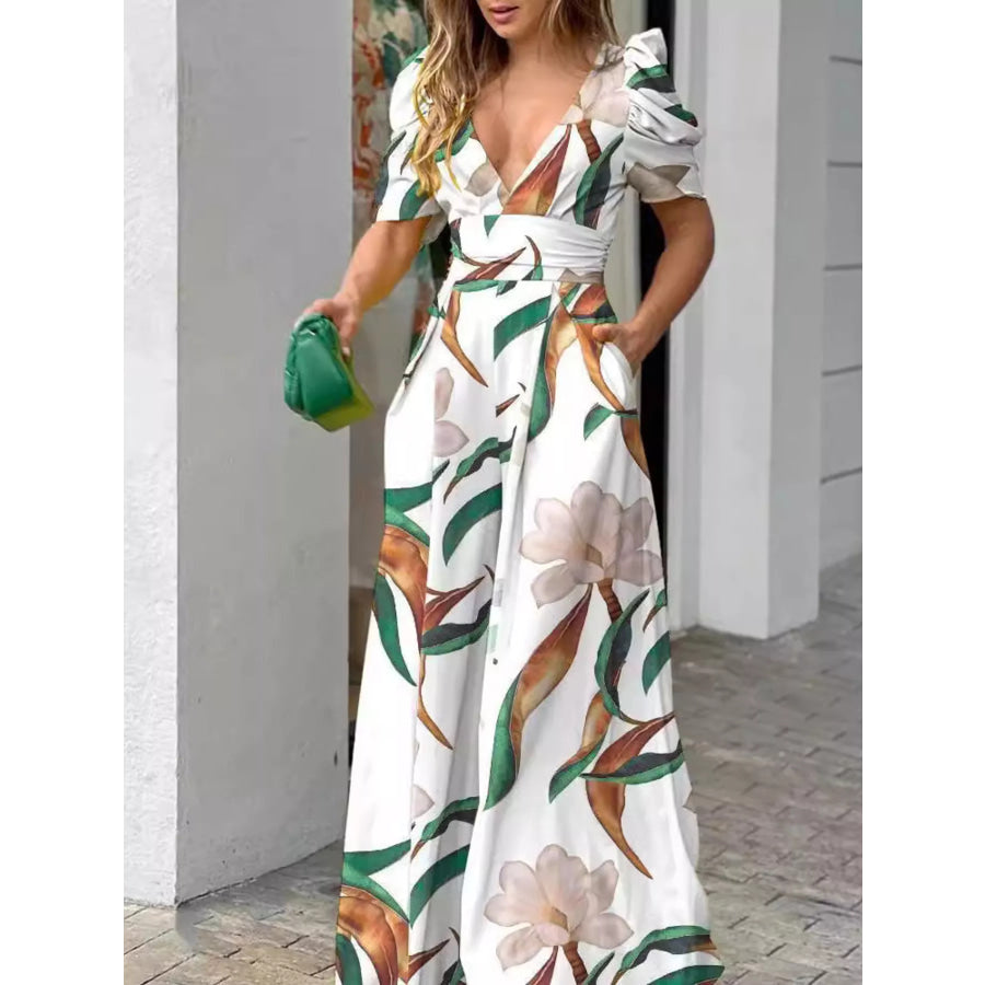 Floral Print V-Neck Puff Sleeve Wide-Leg Jumpsuit White / S Apparel and Accessories