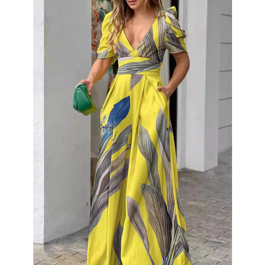 Floral Print V-Neck Puff Sleeve Wide-Leg Jumpsuit Yellow / S Apparel and Accessories