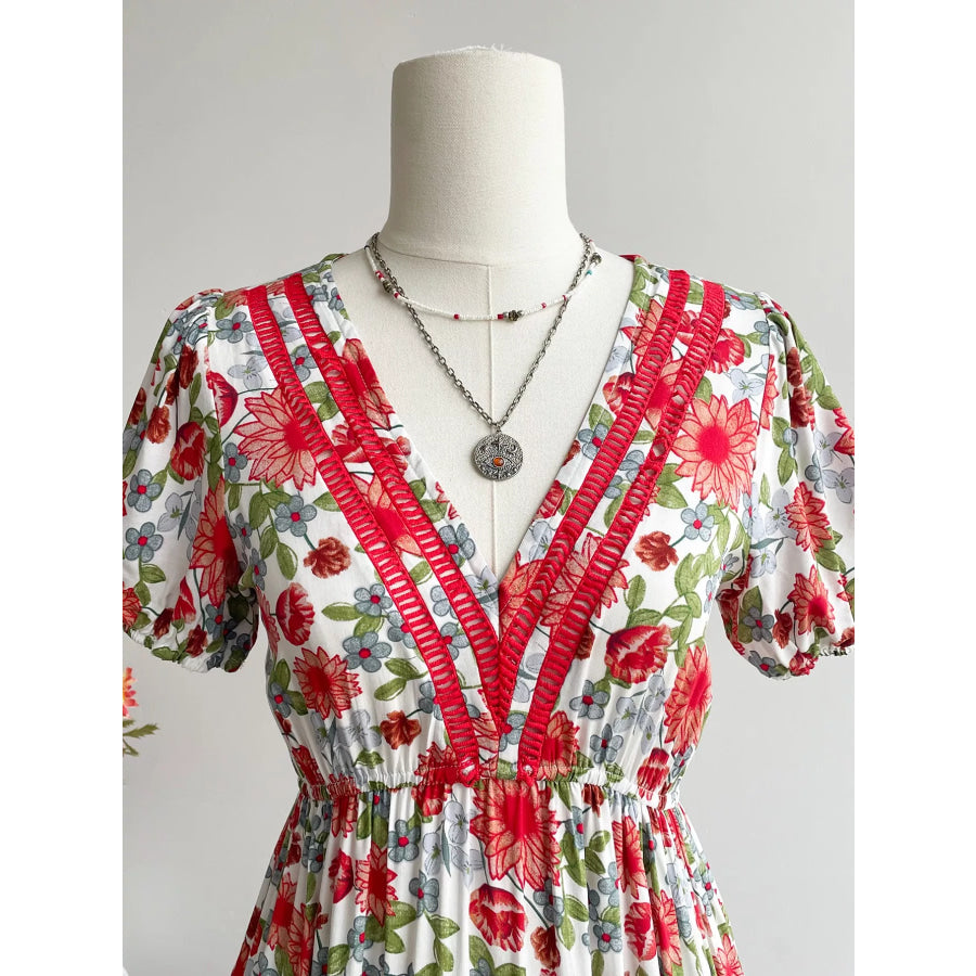 Floral Print V-Neck Ruffle Hem Midi Dress Apparel and Accessories