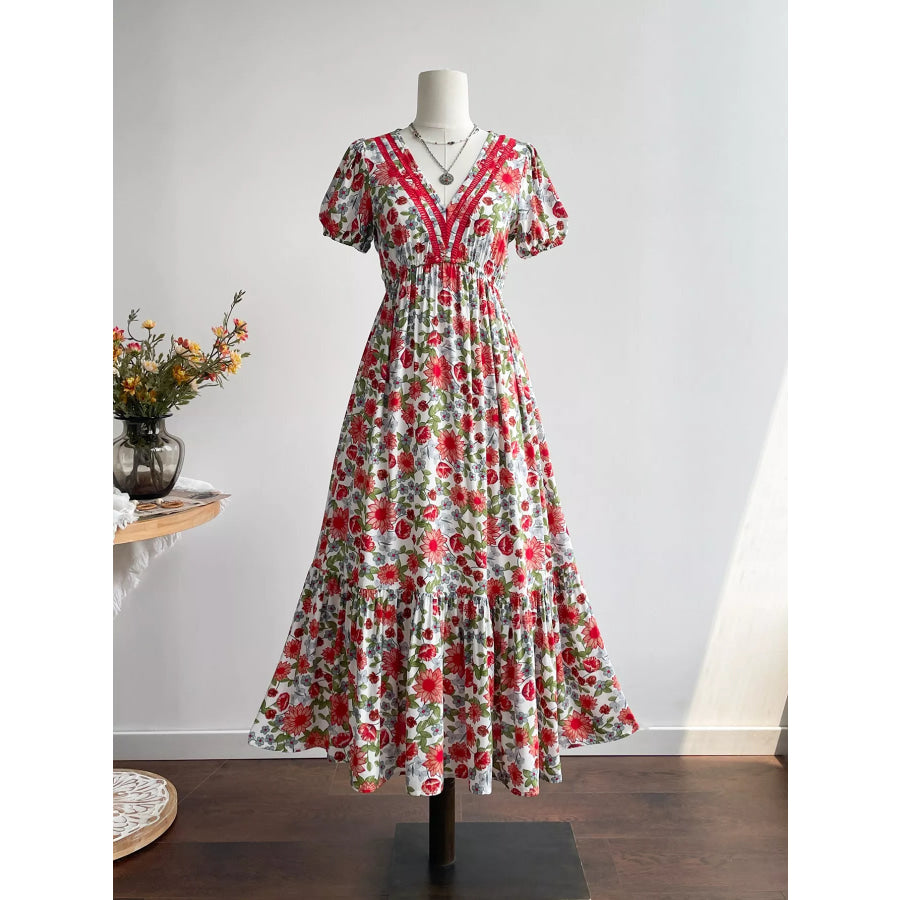 Floral Print V-Neck Ruffle Hem Midi Dress Apparel and Accessories