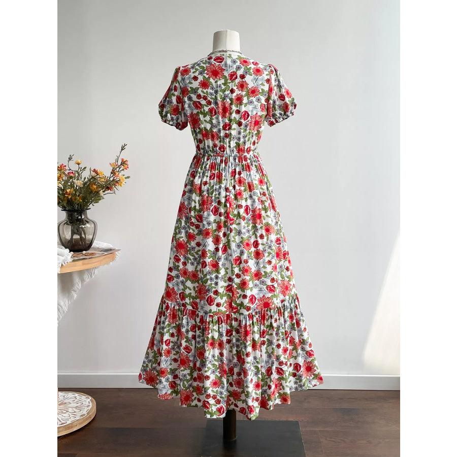 Floral Print V-Neck Ruffle Hem Midi Dress Apparel and Accessories
