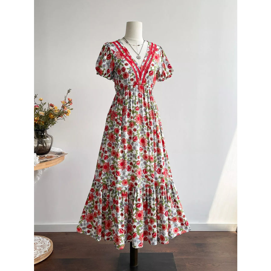 Floral Print V-Neck Ruffle Hem Midi Dress Apparel and Accessories