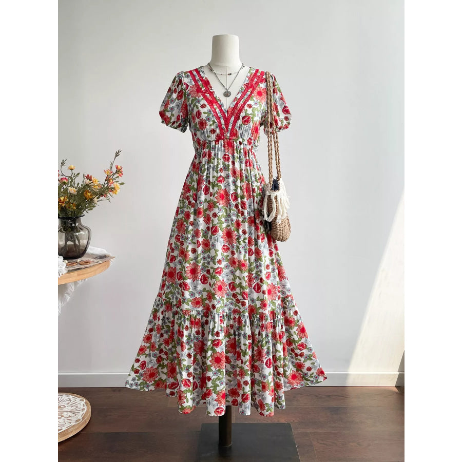 Floral Print V-Neck Ruffle Hem Midi Dress Scarlet / S Apparel and Accessories