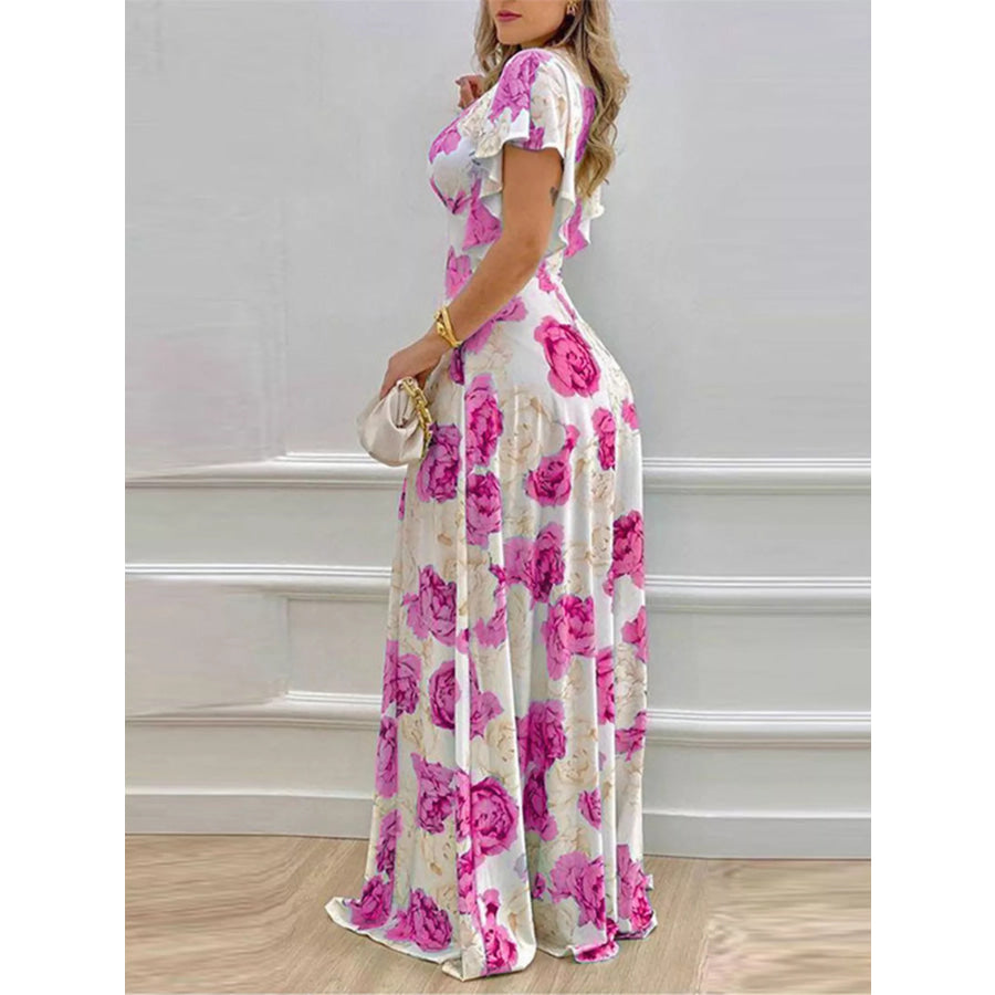 Floral Print V-Neck Ruffle Sleeve Maxi Dress Apparel and Accessories