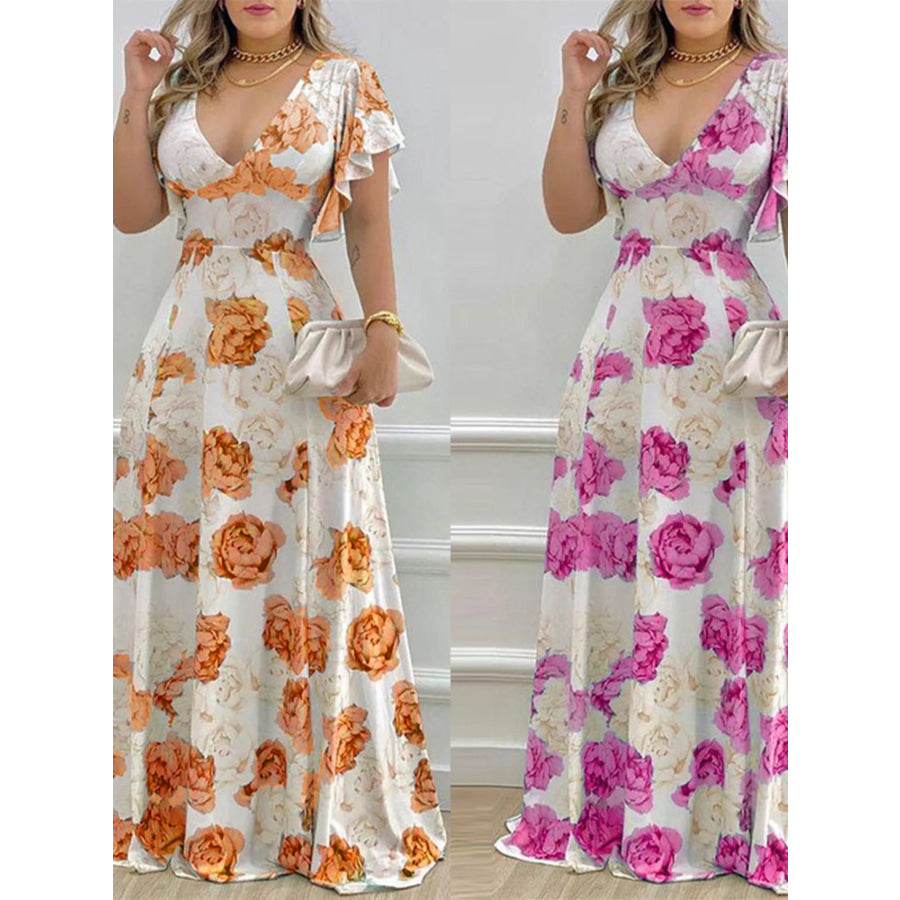 Floral Print V-Neck Ruffle Sleeve Maxi Dress Apparel and Accessories